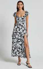 Donissa Midi Dress - Thigh Split Flutter Sleeve Dress in Black/White Print