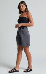 Lorcan Shorts - Long Line Tailored Shorts in Charcoal