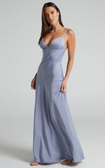 Cariela Maxi Dress - Plunge Neck Satin Dress in Pale Blue