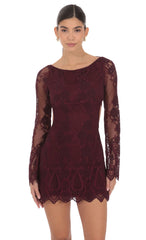 Lace Open Back Long Sleeve Dress in Burgundy