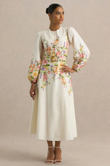 Dahlia | White Floral Border Print High-Neck Midi Dress