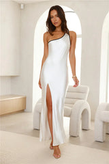 Hollywood Calling Satin One Shoulder Midi Dress White