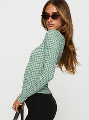Every Second Boat Neck Long Sleeve Top Green Check