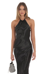 Rhinestone Satin Open Back Maxi Dress in Black