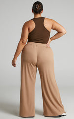 Amalthea Pants - High Waisted Jersey Rib Wide Leg Pants in Camel