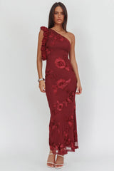 Deanna One-Shoulder Ruffle Maxi Dress Floral Texture Wine