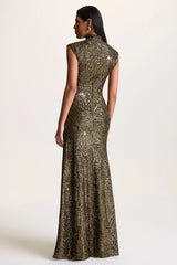 Cecy | Khaki Sequin High-Neck Maxi Dress With Cap Sleeves