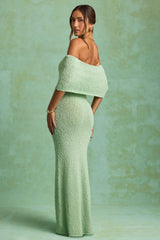 Bouclé Off-Shoulder Maxi Dress in Mint
