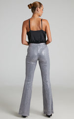 Deliza Pants - Mid Waisted Sequin Flare Pants in Silver
