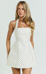Dante Mini Dress - Halter Neck Tie Tulip Skirt Dress in White Polkadot