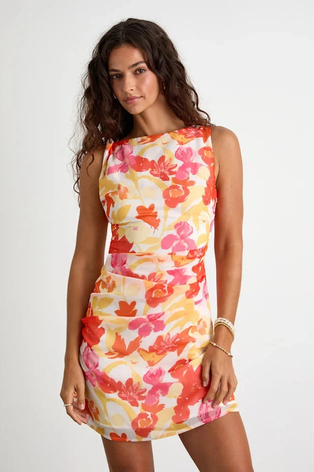 Roanes Orange Floral Boat Neck Pleated Mini Dress