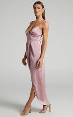 Azrael Midi Dress - V Neck Satin Tulip Dress in Blush