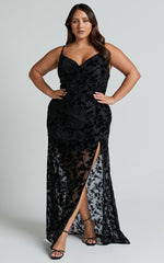 Aletta Maxi Dress - Cowl Cross Back Dress in Ebony Burn Out Floral