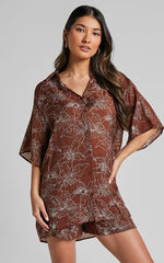 Alofi Top - Collared Button Through Short Sleeve Blouse in Brown Floral