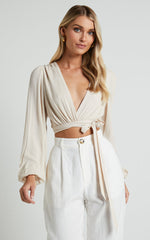 Amaina Top - Plunge Long Sleeve Wrap Top in Sand