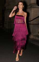 Amalee Two Piece Set - Fringe Strapless Crop Top and Midi Skirt Set in Mulberry