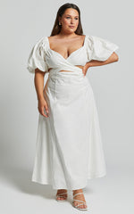 Amalie The Label - Janae Linen Blend Puff Sleeve Cut Out Midi Dress in White