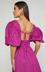 Amalie The Label - Khaila Linen Plunge Puff Sleeve Mini Linen Dress in Mulberry