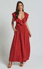Amalie The Label - Marisole Linen Blend Frill Detail Backless Midi Dress in Burnt Sienna