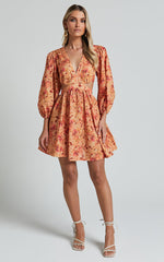 Amalie The Label - Mariana Linen Blend Balloon Sleeve Mini Dress in Valencia Print