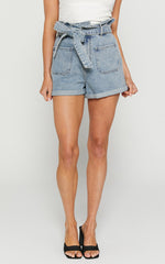 Amber Shorts - Recycled Cotton Denim Shorts with Paper Bag Waist in Light Blue Wash