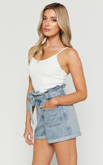 Amber Shorts - Recycled Cotton Denim Shorts with Paper Bag Waist in Light Blue Wash