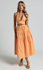 Andrielly Two Piece Set - Halter Neck Top and Gathered Midi Skirt Set in Sherbet Orange