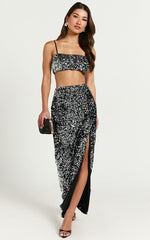 Carrey Two Piece Set - Cami Crop Top and Front Split Midi Skirt in Black and Silver