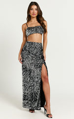 Carrey Two Piece Set - Cami Crop Top and Front Split Midi Skirt in Black and Silver