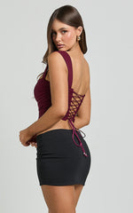 Charlize Top - Mesh Lace Up Back Corset Top in Dark Plum