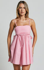 Clover Mini Dress - Back Bow Babydoll Dress in Pink
