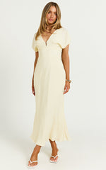 Desiree Midi Dress - V Neck Flutter Short Sleeve Slip Dress in Lemon