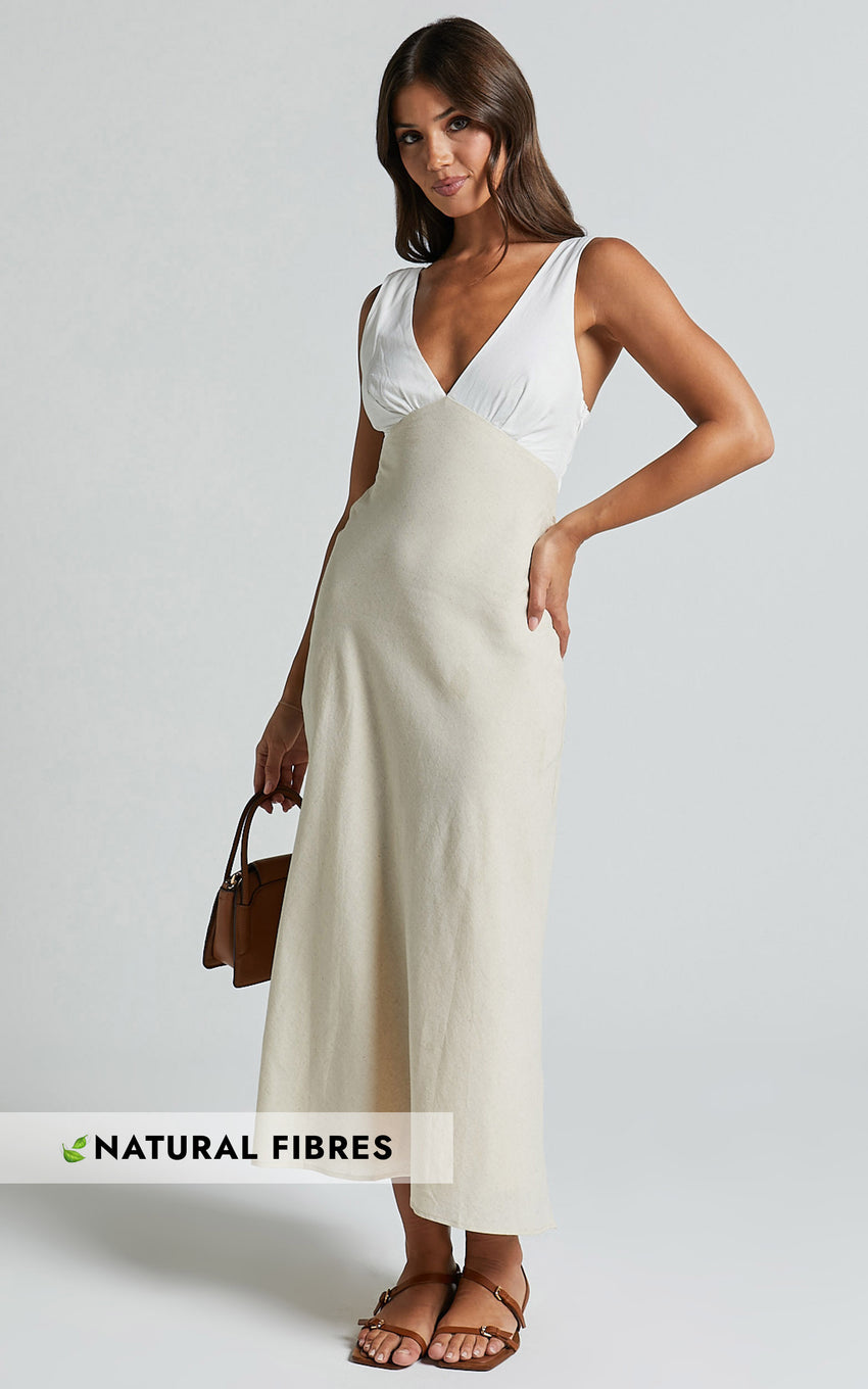 Dovie Midi Dress - Linen V Neck Low Back Cut Out Flare Dress in Beige and White