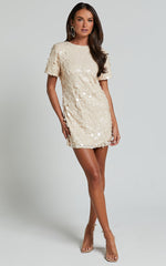 Drea Mini Dress - Short Sleeve Low Back Sequin Dress in Cream