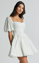 Esthela Mini Dress - Embroidered Square Neck Short Puff Sleeve Corset in Pale Mint