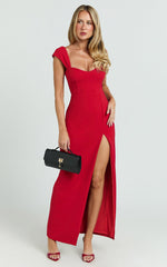 Gabrielle Midi Dress - Cap Sleeve Sweetheart Neck Bodycon Dress in Red