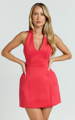 Gaia Mini Dress - Plunge Halter Fit and Flare Dress in Red