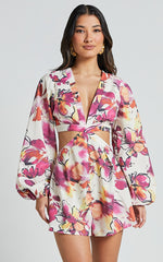Gwyneth Playsuit - Long Sleeve Cut Out Playsuit in DAHLIA DUSK FLORAL