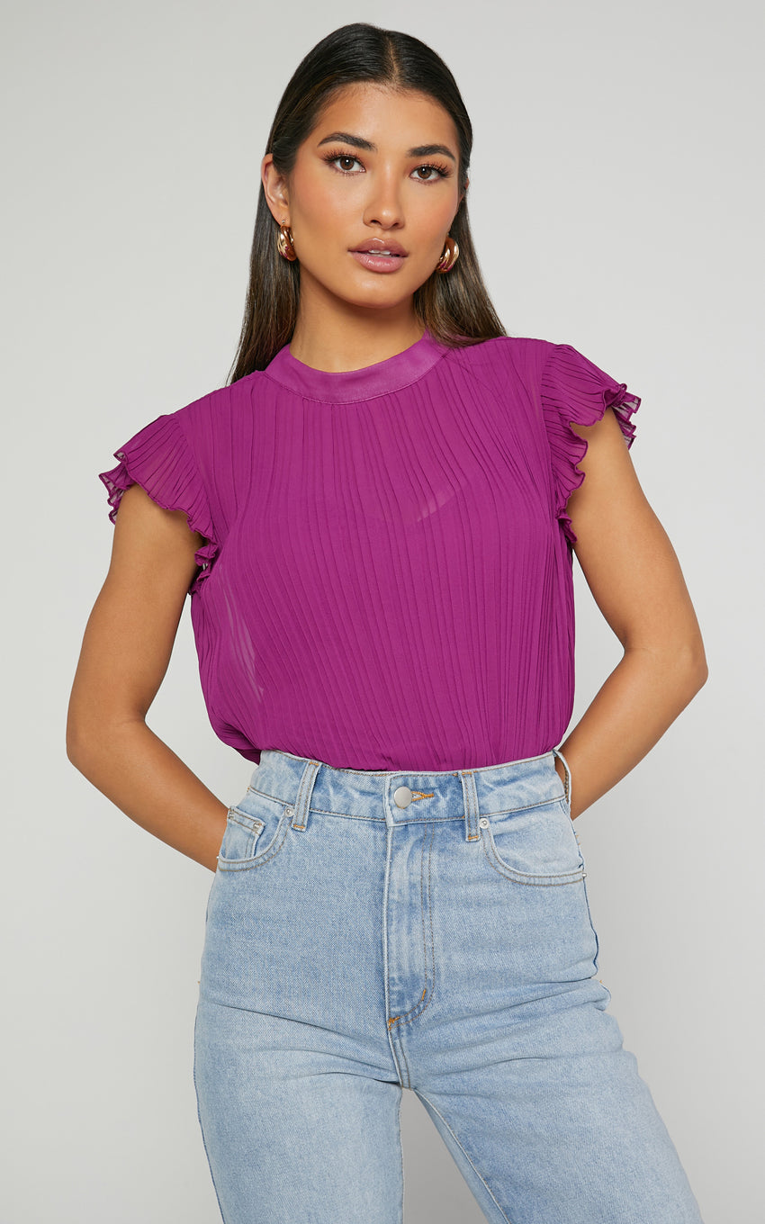 Harlow Top - High Neck Pleated Workwear Top in Plum