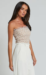Harper Top - Frill Shirred Bandeau Crop Top in White/Nude