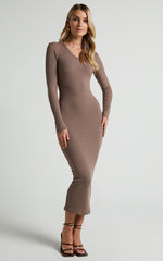 Hawkins Midi Dress - Long Sleeve Bodycon Dress in Taupe