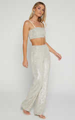 Imogen Two Piece Set - Bandeau Top and Straight Pants Set in Silver Sequin