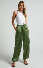 Jadeiah Pants - Mid Rise Cargo Pocket Satin Jogger Pant in Khaki