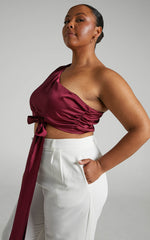 Jihyo Top - Tie Waist One Shoulder Puff Sleeve Top in Burgundy