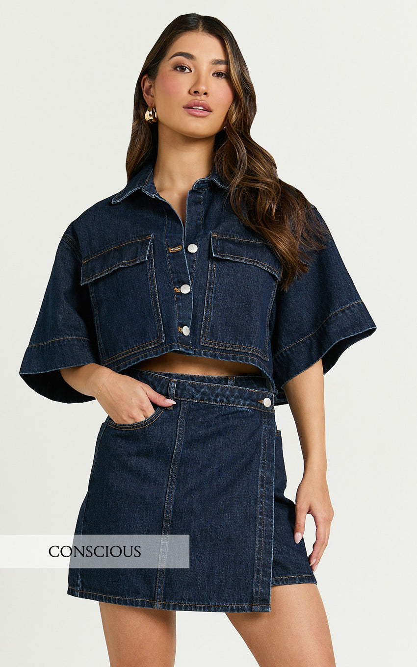 Katherine Top - Crop Button Down Collared Recycled Denim Short Sleeve Top in Dark Blue Wash