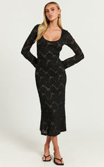 Kathy Midi Dress - Scoop Neck Long Sleeve Jacquard Textured Dress in Black