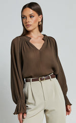 Kerray Top - V Neck Long Sleeve Pleated Top in Mocha