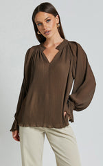 Kerray Top - V Neck Long Sleeve Pleated Top in Mocha
