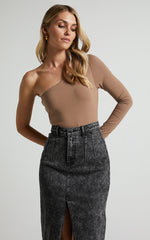 Khanley Bodysuit - One Shoulder Long Sleeve Bodysuit in Mushroom