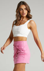 Kiandra Mini Skirt - Linen Look Twist Front Skirt in Pink Linen Look
